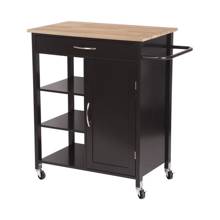 Desserte de cuisine 1 porte 1 tiroir 3 en hévéa - Noir laqué - L 74