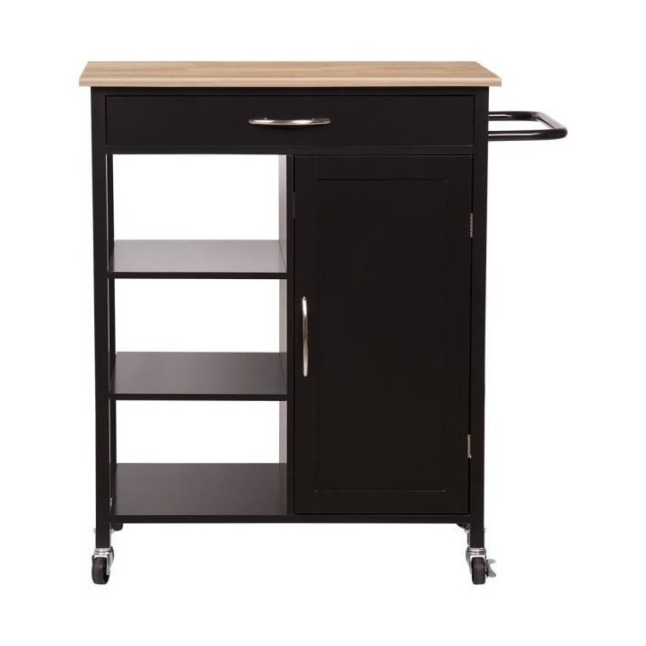 Desserte de cuisine 1 porte 1 tiroir 3 en hévéa - Noir laqué - L 74