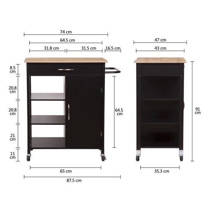 Desserte de cuisine 1 porte 1 tiroir 3 en hévéa - Noir laqué - L 74