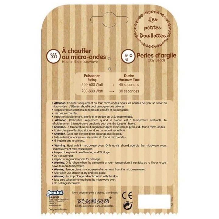 JEMINI Peluche bouillotte Ours - A chauffer au micro-ondes micro perle