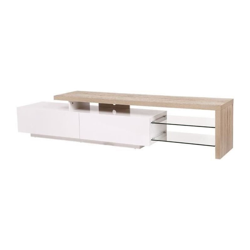 Meuble TV Style contemporain SMITH - En panneau alvéolaire - Blanc et chene - 2 tiroirs et 2 étageres- L204 cm