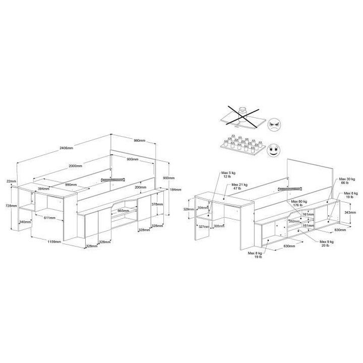 Lit combiné enfant avec rangements et bureau CLoe - 90 x 200 cm - Dé