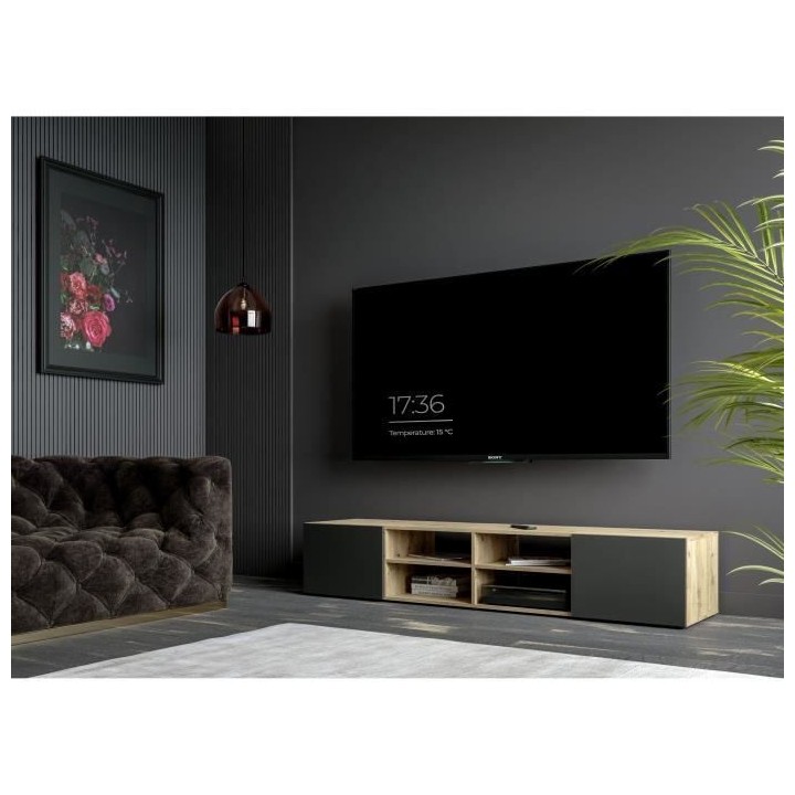 Meuble TV PILVI - Style contemporain- Décor Chene et noir - 2 Portes