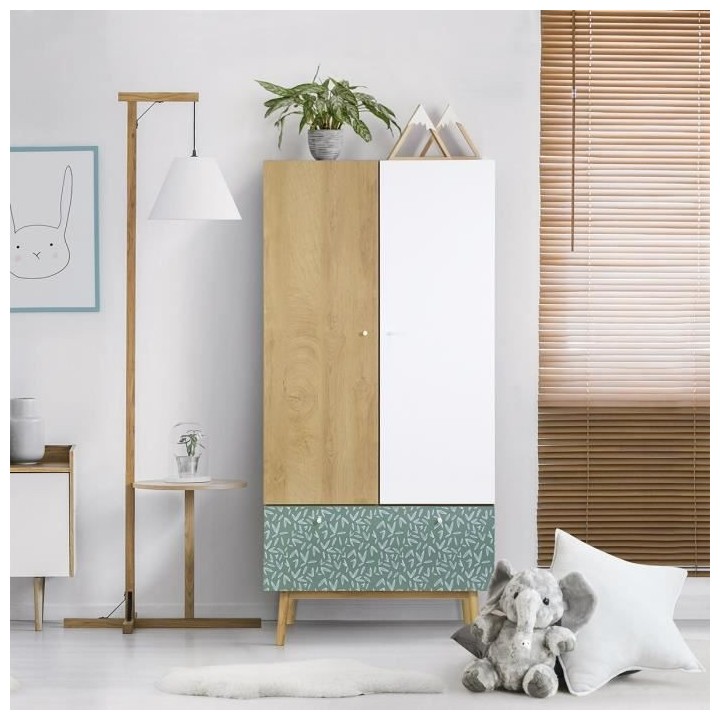 Armoire 2 portes 1 tiroir - Décor chene et vert - Pieds en bois massi