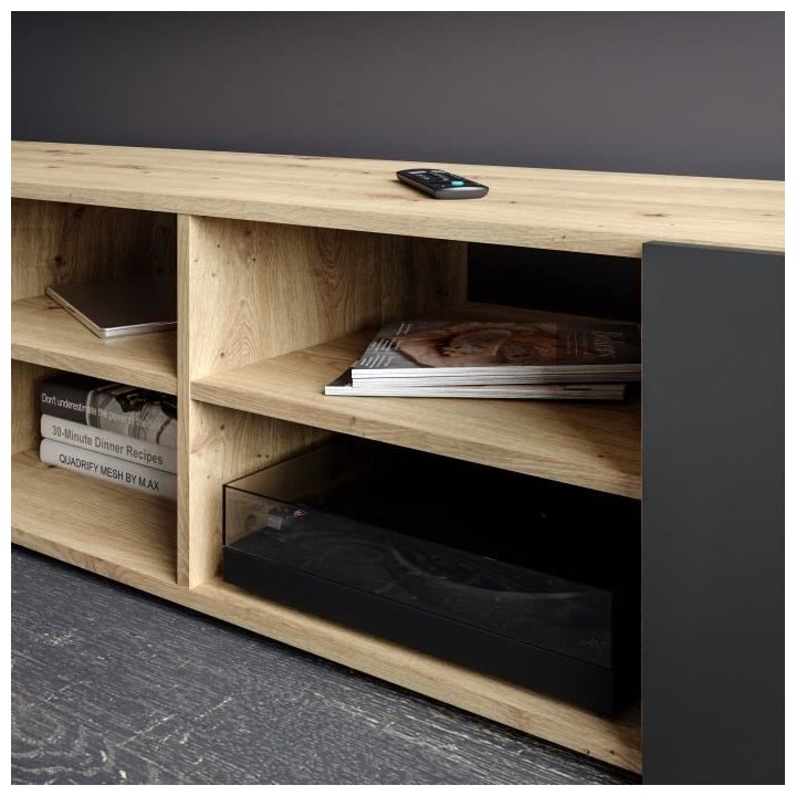 Meuble TV PILVI - Style contemporain- Décor Chene et noir - 2 Portes