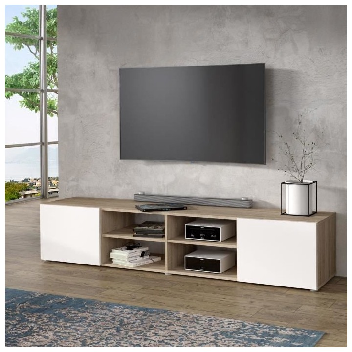 Meuble TV PILVI - Blanc et chene - L 180 x P 42 x H 37 cm