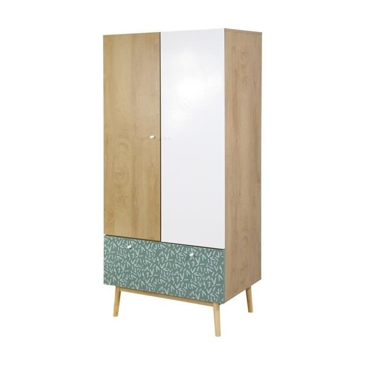 Armoire 2 portes 1 tiroir - Décor chene et vert - Pieds en bois massi