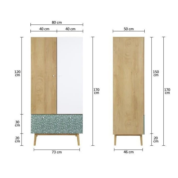 Armoire 2 portes 1 tiroir - Décor chene et vert - Pieds en bois massi