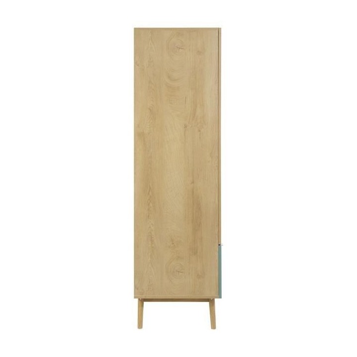 Armoire 2 portes 1 tiroir - Décor chene et vert - Pieds en bois massi