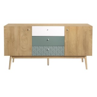 Buffet GARDENIA - 2 portes 3 tiroirs - Décor chene et vert - Pieds en