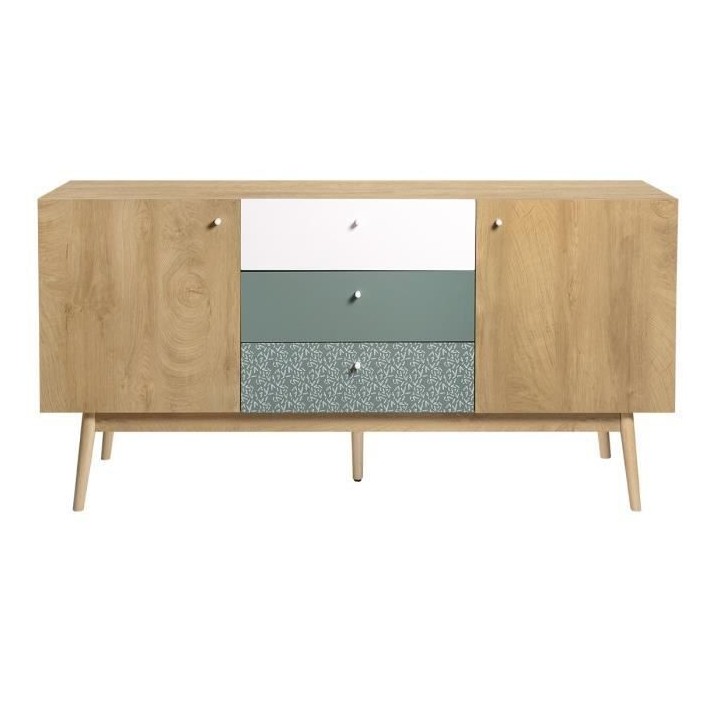 Buffet GARDENIA - 2 portes 3 tiroirs - Décor chene et vert - Pieds en