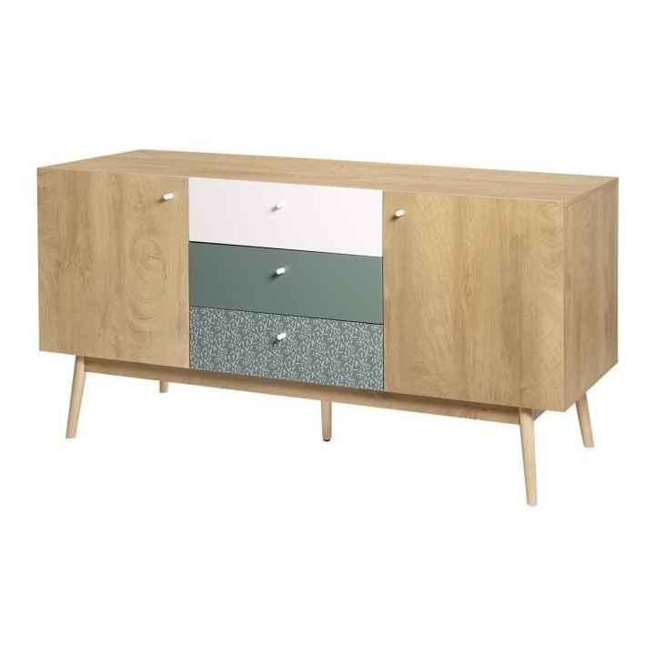 Buffet GARDENIA - 2 portes 3 tiroirs - Décor chene et vert - Pieds en