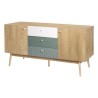 Buffet GARDENIA - 2 portes 3 tiroirs - Décor chene et vert - Pieds en bois massif - L 160 x P 50 x H 80 cm