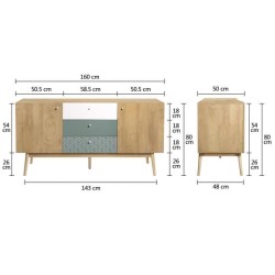 Buffet GARDENIA - 2 portes 3 tiroirs - Décor chene et vert - Pieds en bois massif - L 160 x P 50 x H 80 cm