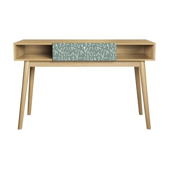 Bureau avec 1 tiroir GARDENIA- Décor chene et vert - Pieds en bois ma