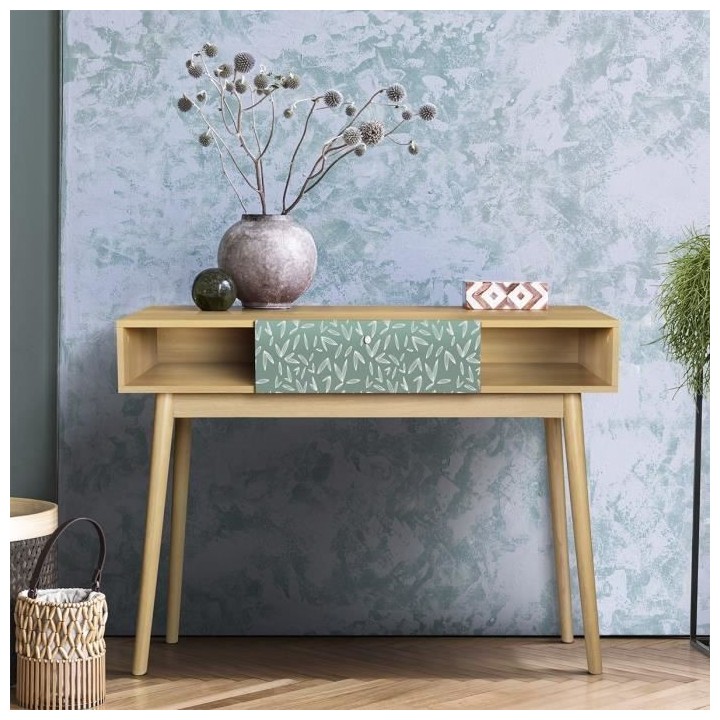 Bureau avec 1 tiroir GARDENIA- Décor chene et vert - Pieds en bois ma