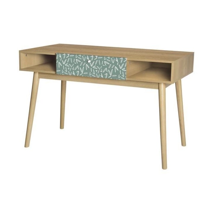 Bureau avec 1 tiroir GARDENIA- Décor chene et vert - Pieds en bois ma