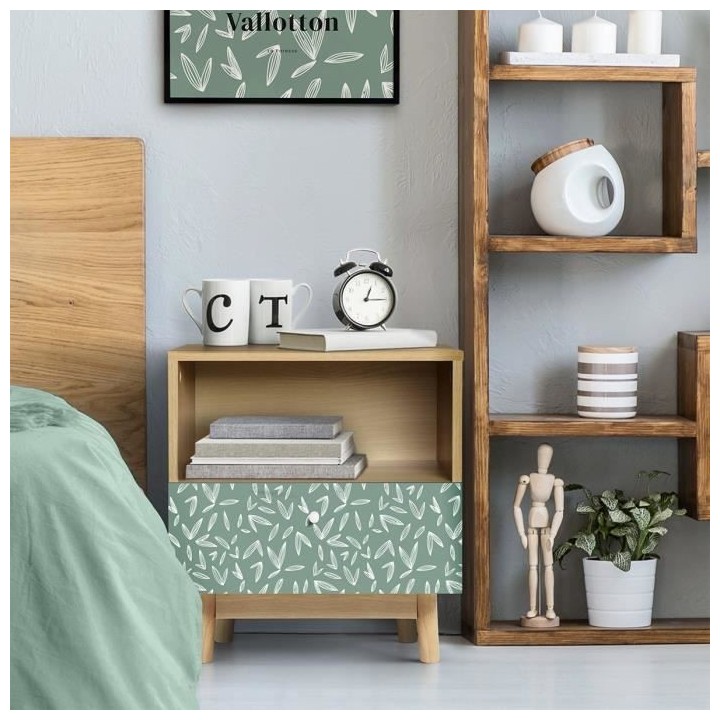 Chevet 1 tiroir GARDENIA- Décor chene et vert - Pieds en bois massif