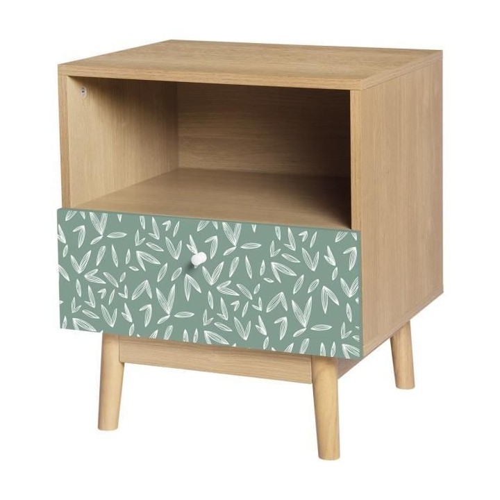 Chevet 1 tiroir GARDENIA- Décor chene et vert - Pieds en bois massif