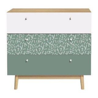 Commode 3 tiroirs - Décor chene et vert - Pieds en bois massif - L 80