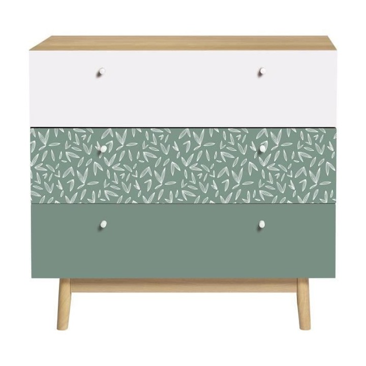 Commode 3 tiroirs - Décor chene et vert - Pieds en bois massif - L 80