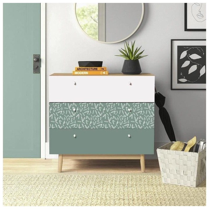 Commode 3 tiroirs - Décor chene et vert - Pieds en bois massif - L 80