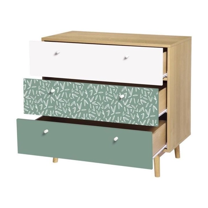Commode 3 tiroirs - Décor chene et vert - Pieds en bois massif - L 80