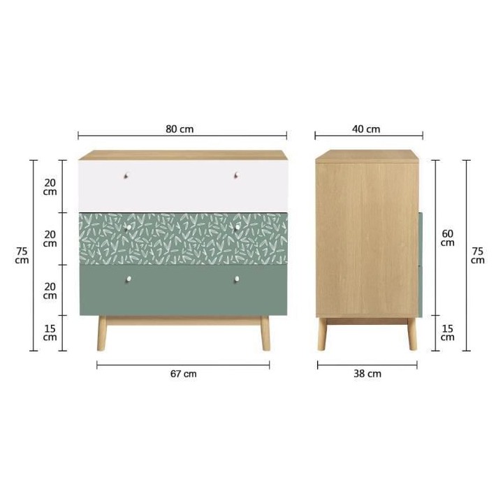 Commode 3 tiroirs - Décor chene et vert - Pieds en bois massif - L 80