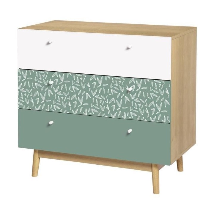 Commode 3 tiroirs - Décor chene et vert - Pieds en bois massif - L 80
