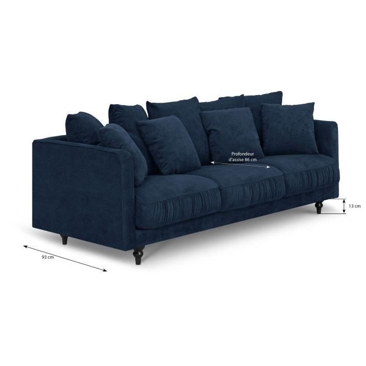 Canapé droit fixe 4 places - Tissu bleu - Classique - L 212 x P 93 cm