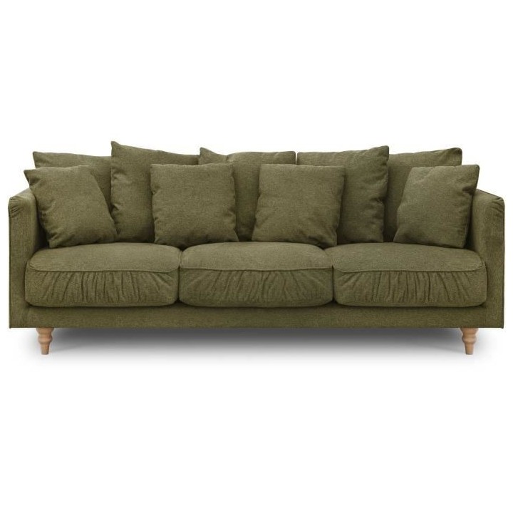 Canapé fixe 4 places CONSTANCE - Tissu vert - Pied en bois massif - L