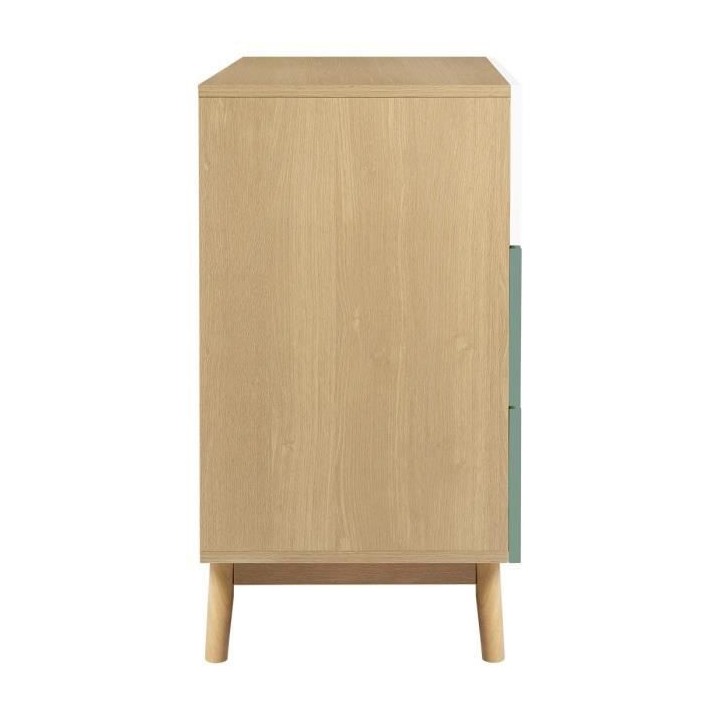 Commode 3 tiroirs - Décor chene et vert - Pieds en bois massif - L 80