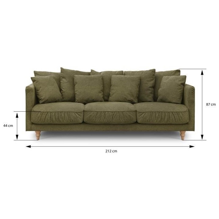 Canapé fixe 4 places CONSTANCE - Tissu vert - Pied en bois massif - L