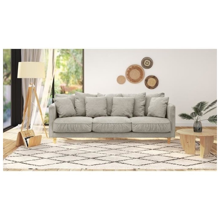Canapé fixe 4 places CONSTANCE - Tissu beige - Pied en bois massif -
