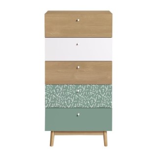 Chiffonnier 5 tiroirs - Décor chene et vert - Pieds en bois massif -