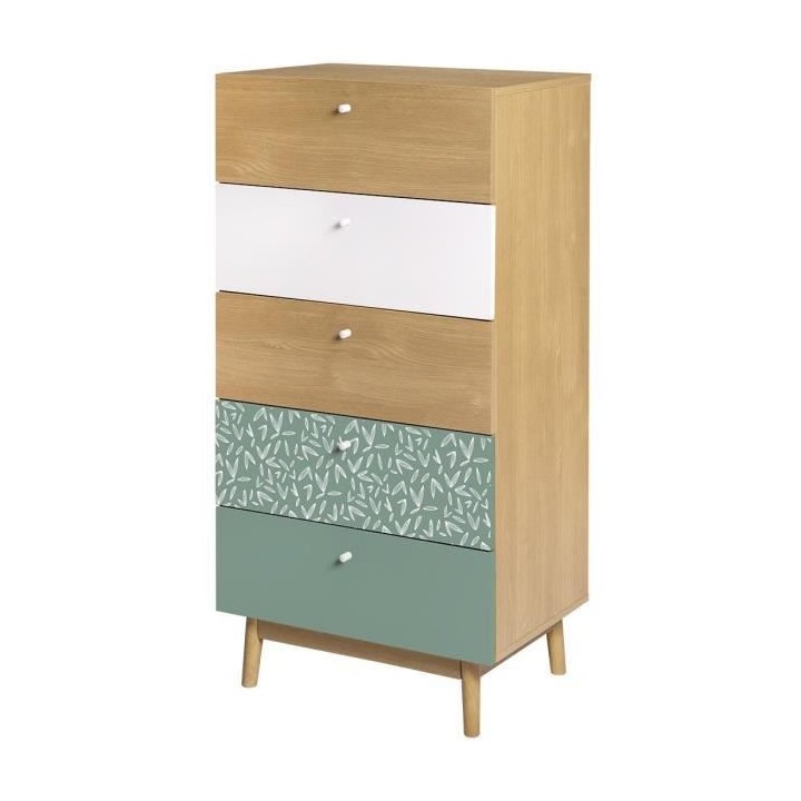 Chiffonnier 5 tiroirs - Décor chene et vert - Pieds en bois massif -