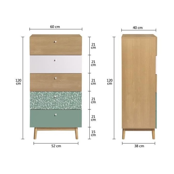 Chiffonnier 5 tiroirs - Décor chene et vert - Pieds en bois massif -