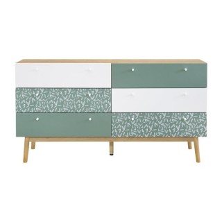 Commode 6 tiroirs - Décor chene et vert - Pieds en bois massif - L 14