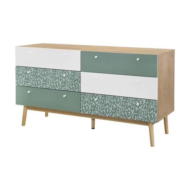 Commode 6 tiroirs - Décor chene et vert - Pieds en bois massif - L 14