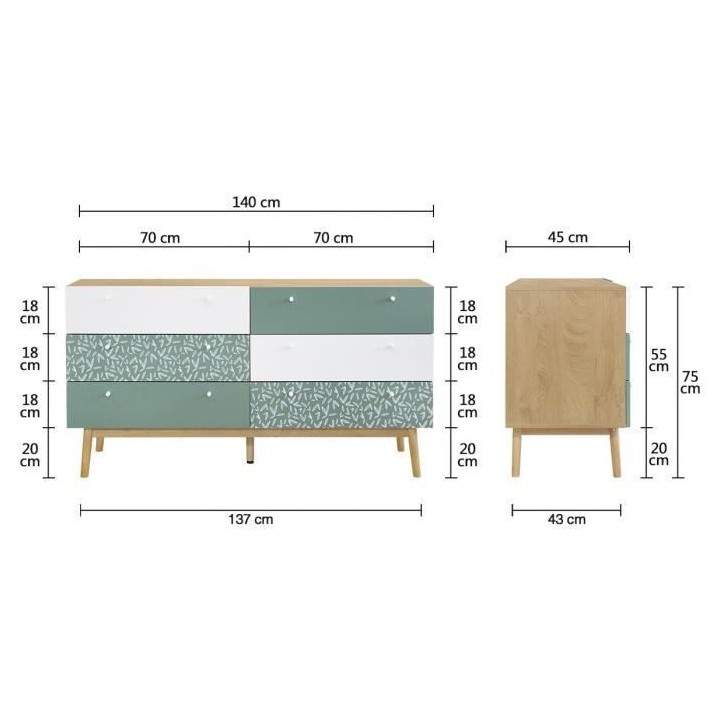 Commode 6 tiroirs - Décor chene et vert - Pieds en bois massif - L 14