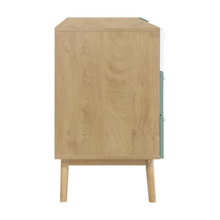 Commode 6 tiroirs - Décor chene et vert - Pieds en bois massif - L 14