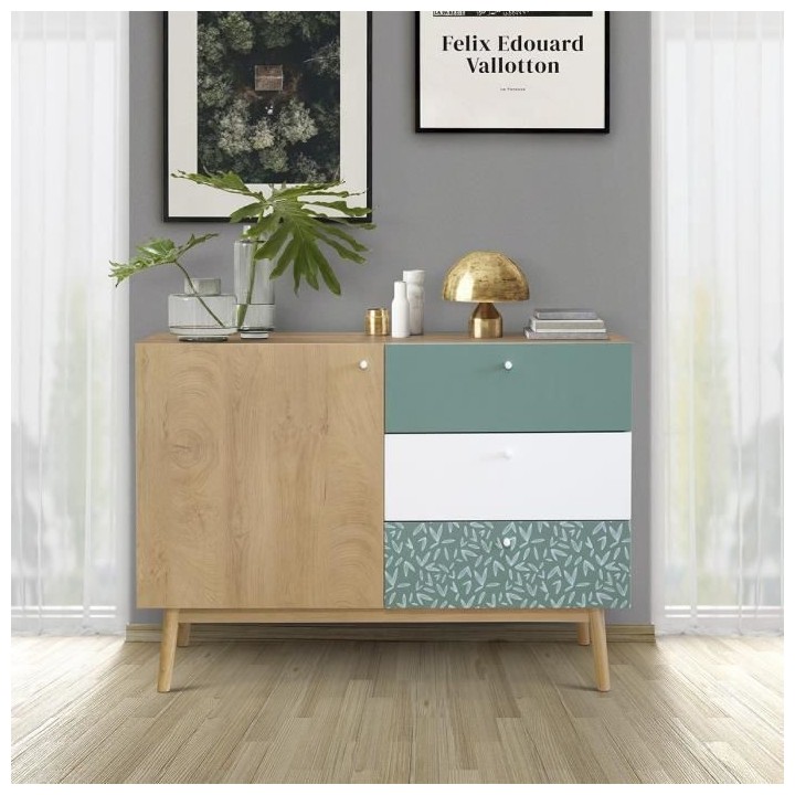 Buffet - Chene et vert - Style scandinave - 1 porte - GARDENIA - L 110