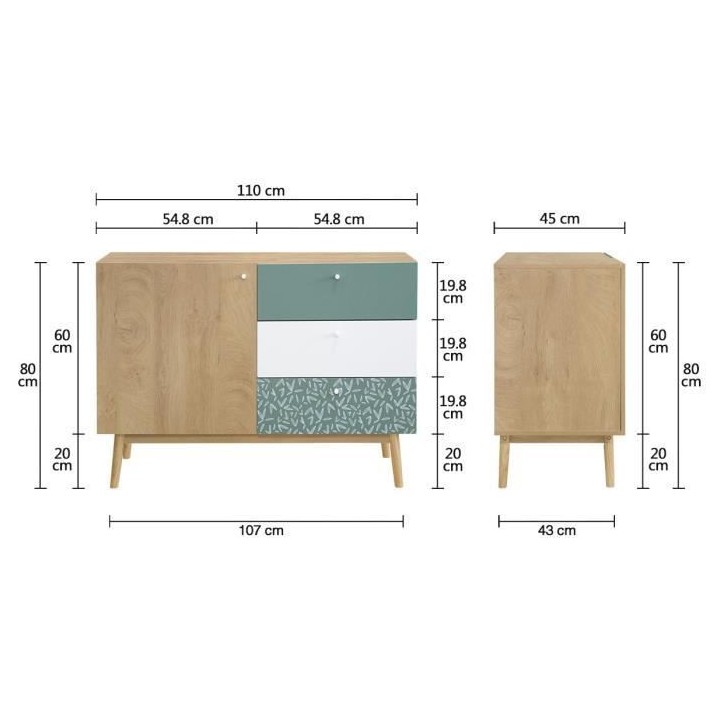 Buffet - Chene et vert - Style scandinave - 1 porte - GARDENIA - L 110