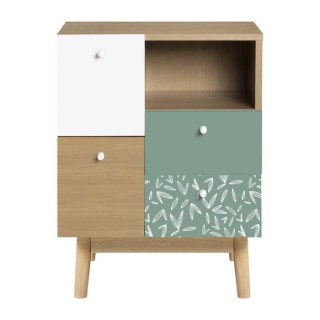 Meuble de rangement 4 tiroirs GARDENIA- Décor chene et vert - Pieds e