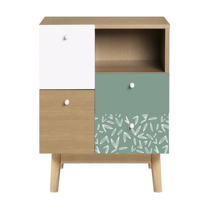 Meuble de rangement 4 tiroirs GARDENIA- Décor chene et vert - Pieds e