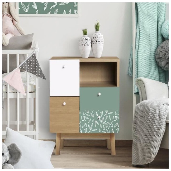 Meuble de rangement 4 tiroirs GARDENIA- Décor chene et vert - Pieds e