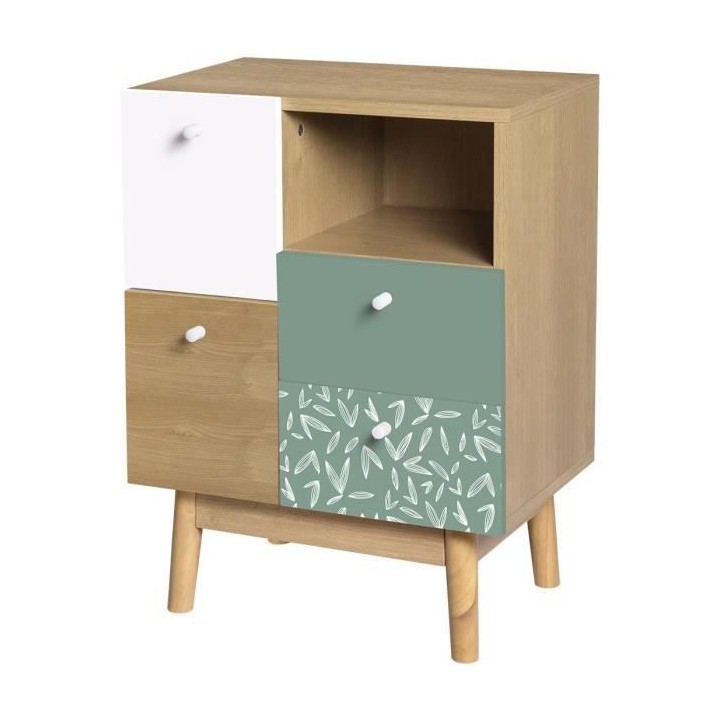 Meuble de rangement 4 tiroirs GARDENIA- Décor chene et vert - Pieds e