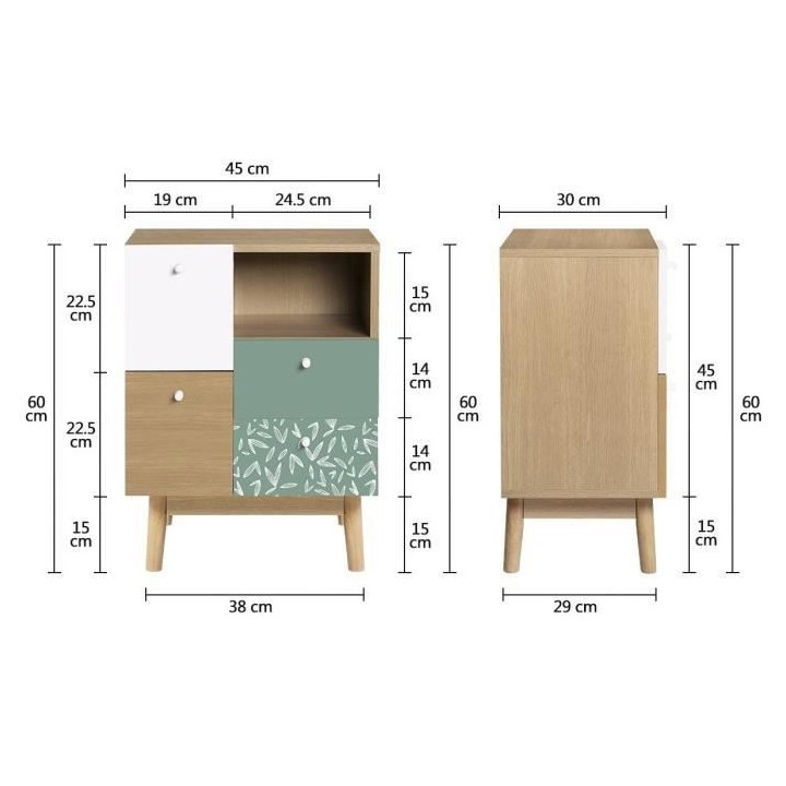 Meuble de rangement 4 tiroirs GARDENIA- Décor chene et vert - Pieds e