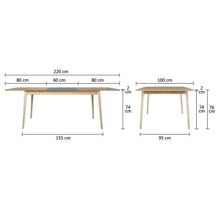 Table a manger extensible - Décor Chene et vert - Pieds bois massif -
