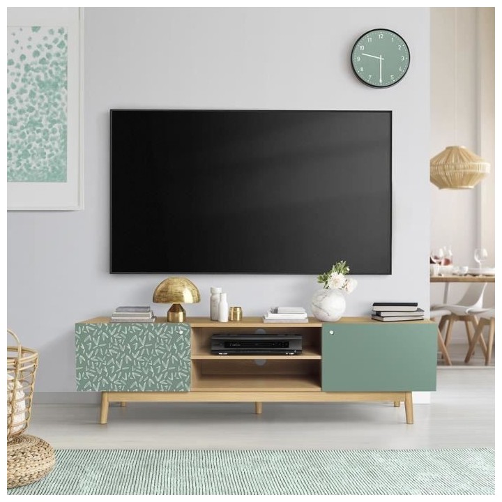 Meuble TV 2 portes - Décor Chene et vert - Pieds bois massif - L 160